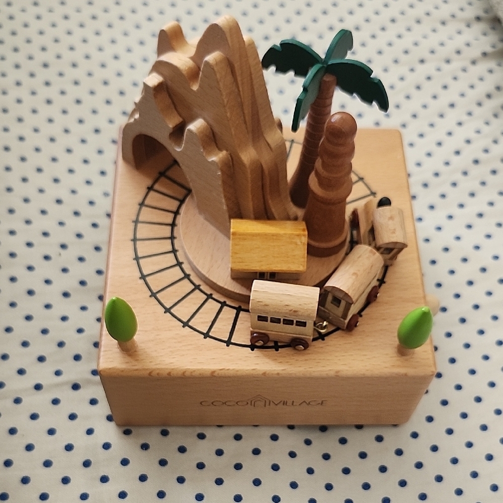 Coco Village Wooden Train Set with Natural and Green Accents Musical Box